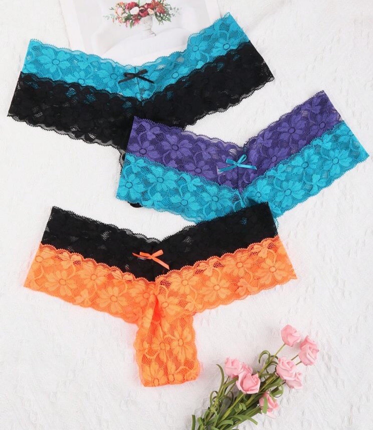 Women’s Lace Floral Lingerie Thong Panties Pink Blue Black Orange Bow 6pk XXL