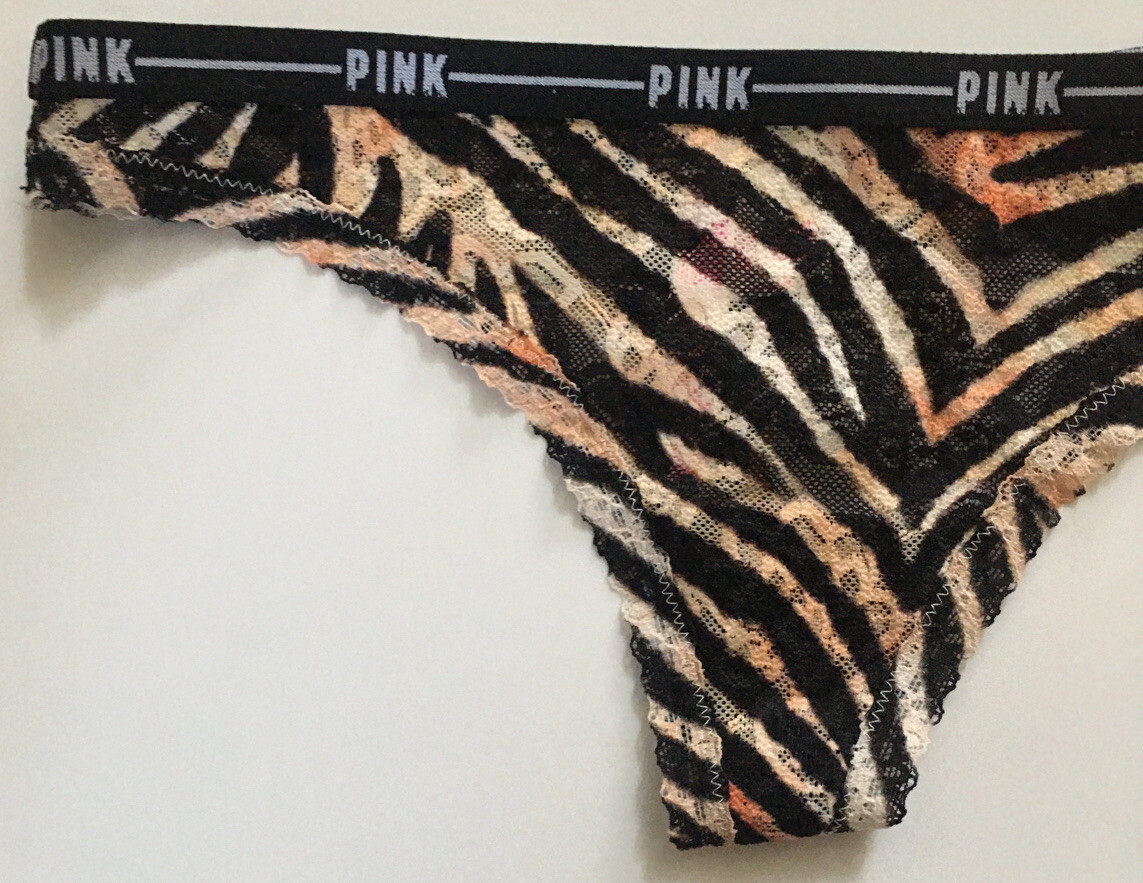 Victorias Secret Tiger Animal Print Thong Panties Size XS Sheer Floral Lace NWT