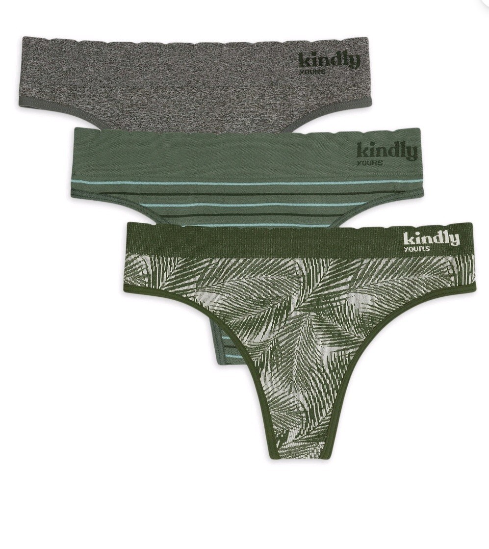 Kindly Yours XXL (20) 3-pk Seamless Thong Panties Green & Grey NWT