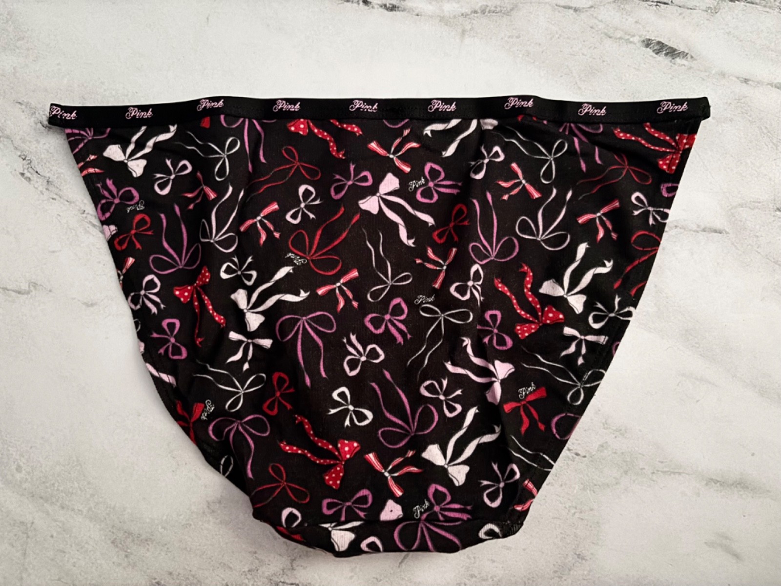 PINK Victoria’s Secret String Bikini Panty Black Bows Logo Band S M L XL 2XL