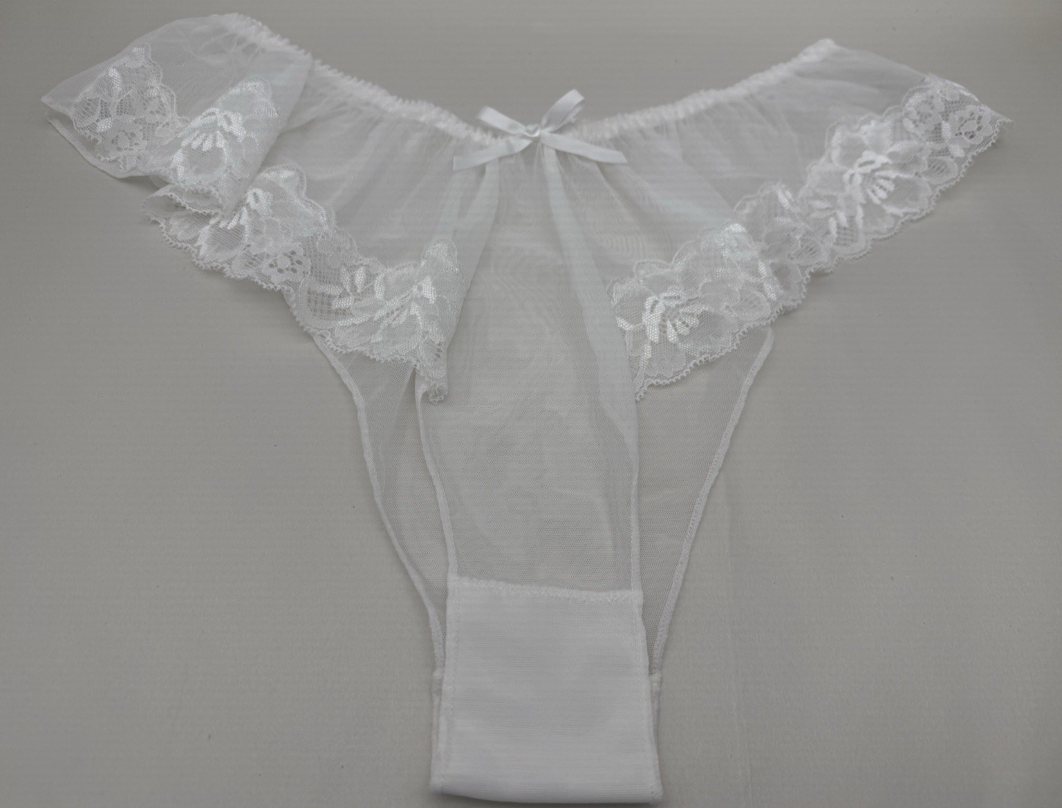 Women’s Lace Sheer Ruffle Thong Panties Bowknot Mid Rise Comfortable Underwear M