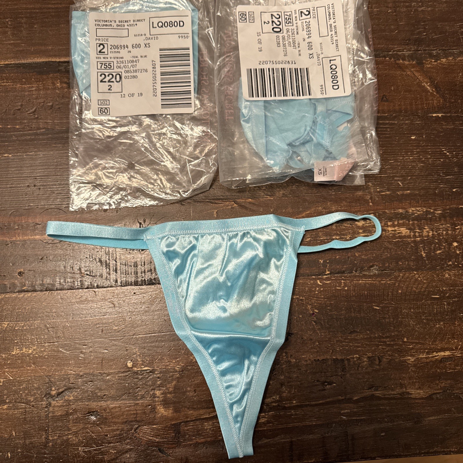 Rare Women’s Victoria Secret V-String Second Skin Satin Teal Blue Thong – 2007