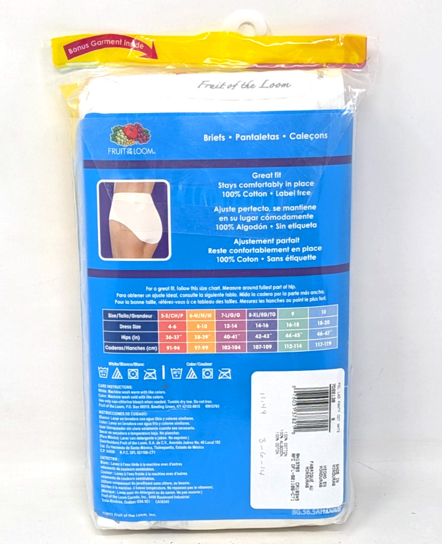 New Fruit of the Loom Womens Size 9 White 100% Cotton 7 Pairs Briefs Label Free