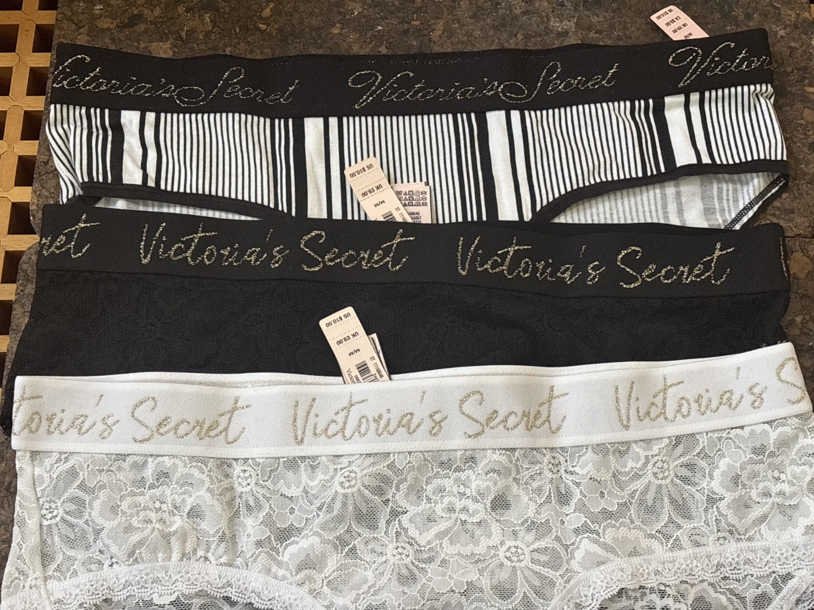 3 VS NWT Medium Rare Logo Lace Hiphugger Panties Black White Gold Premium Indiv.