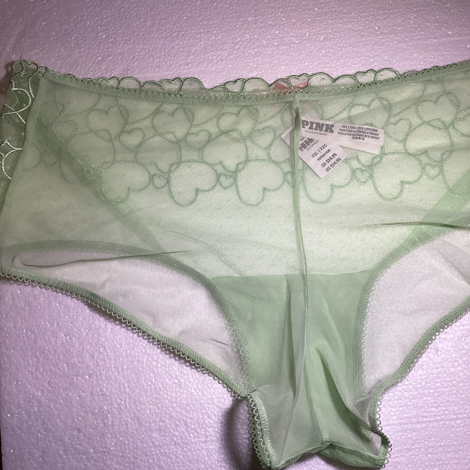 PINK Women’s Green Sheer Mesh Heart Pattern Hipster Panties, Size XXL
