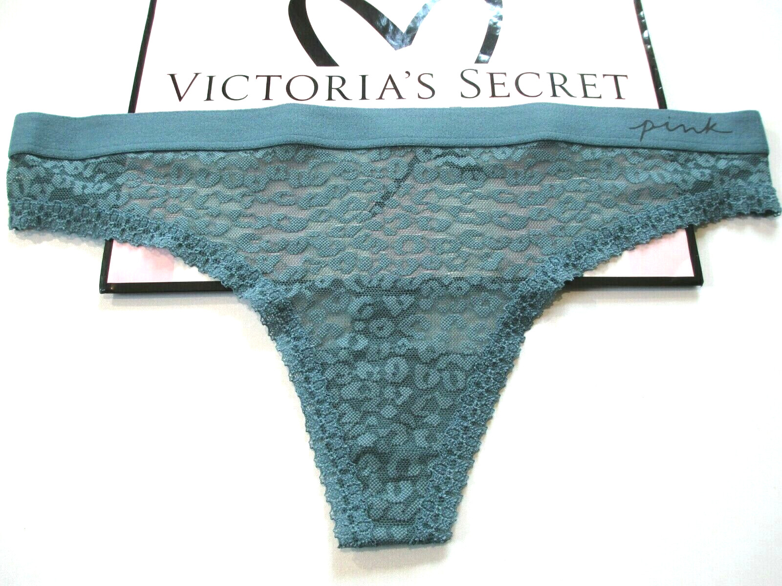 VICTORIA’S SECRET PINK Thong Panty M Teal Blue NWT Lace Mesh VS