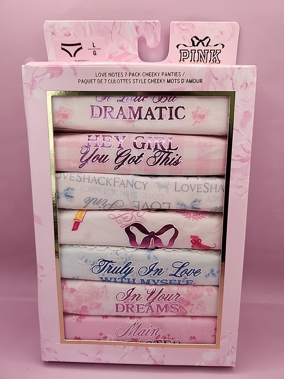 NEW Pink Love Shack Fancy Cheeky Panties Love Notes (7Pack) Size: L