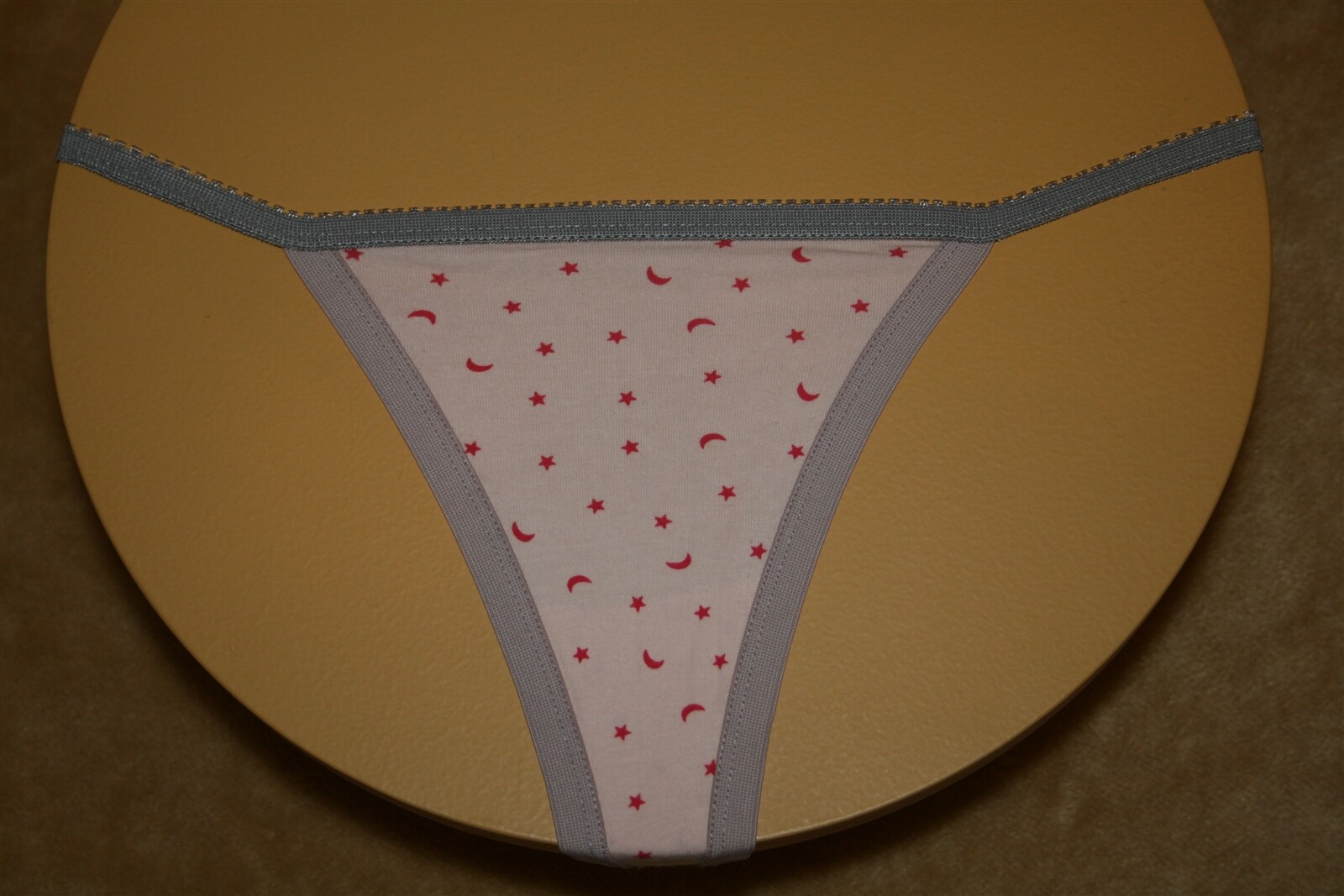 Peach Thong w Red Stars & Moons & Beige & Gray Bands – Size S