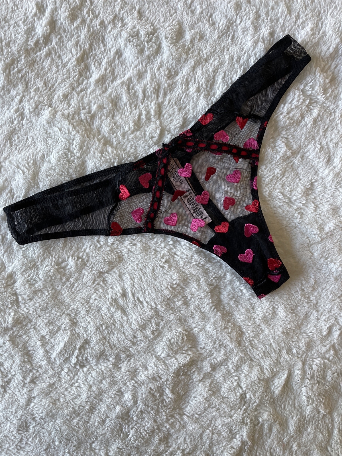 Victoria’s Secret Dream Angels Black Mesh Heart Thong Pantie (M) NWT