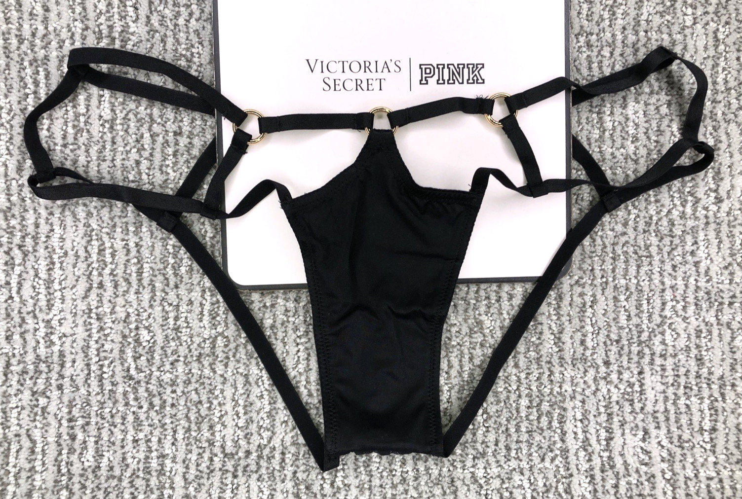Victoria’s Secret NWT Strappy High Leg Hardware Cheeky Panty Large Black Sexy