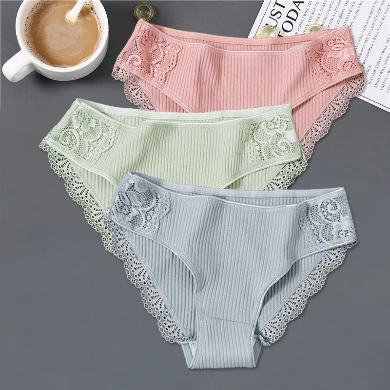 3pc Cotton Panties Low Rise Patchwork Lace Briefs Soft Seamless Underwear Women