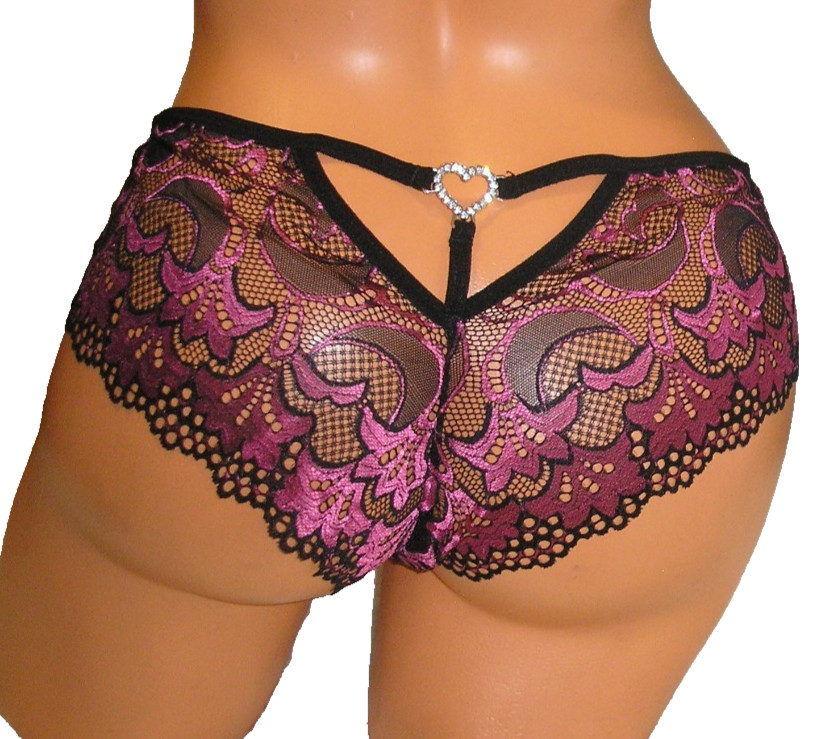 Panties Lingerie Black Dark Pink Lace Heart Rhinestone Hipster, 0XL Adult Gift