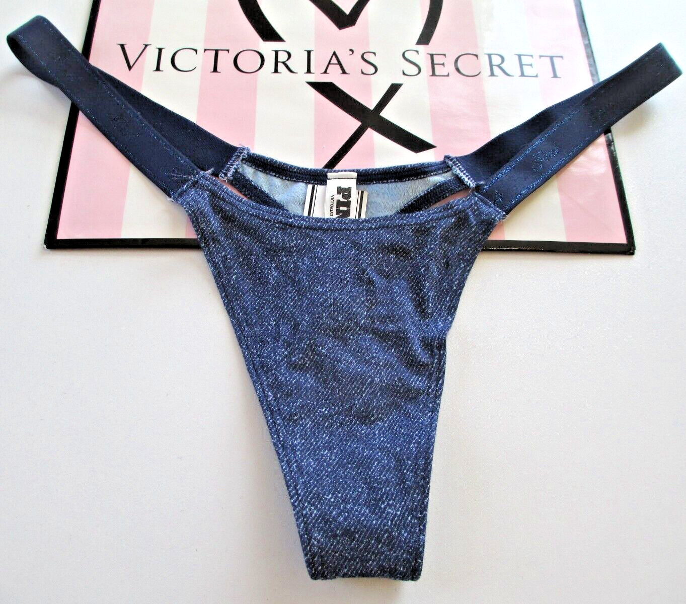 VICTORIA’S SECRET PINK Cotton High Leg Micro Thong Panty VS Denim Blue S M L XL