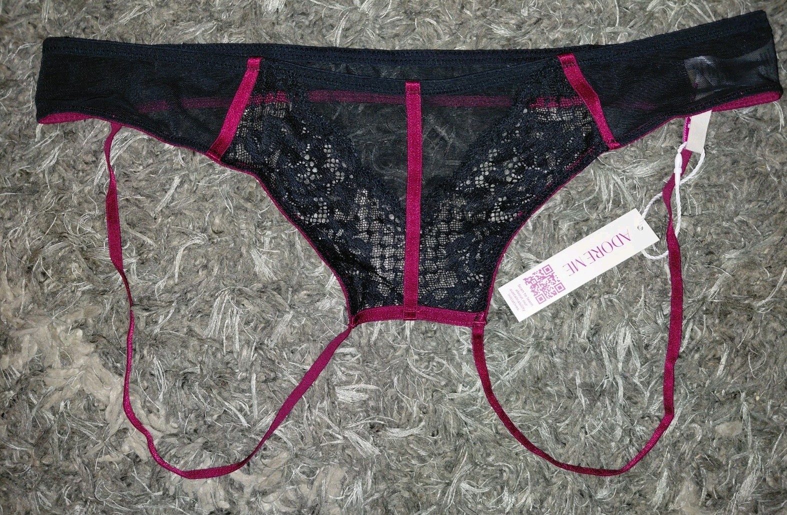 Adore Me/VS Lace & Mesh Crotchless Cheeky Panty NEW Size Large Black