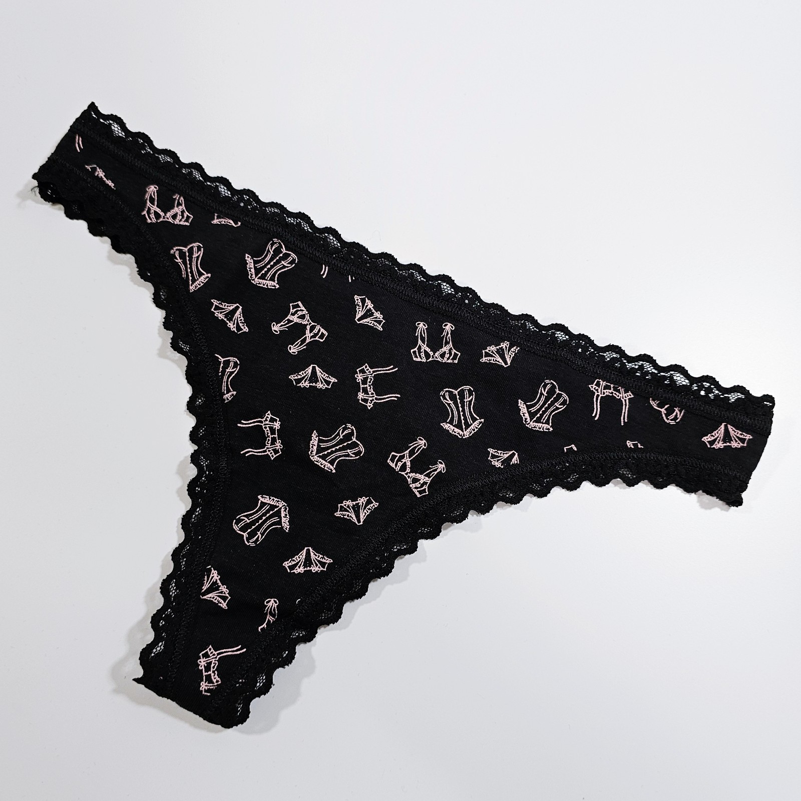 Victoria’s Secret Black Cotton Thong Panty with Lace Trim and Lingerie Print
