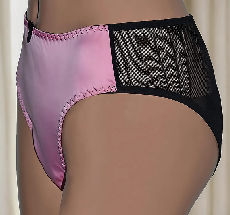 Pink and Black Panties in Satin & Mesh with Black Satin Bow