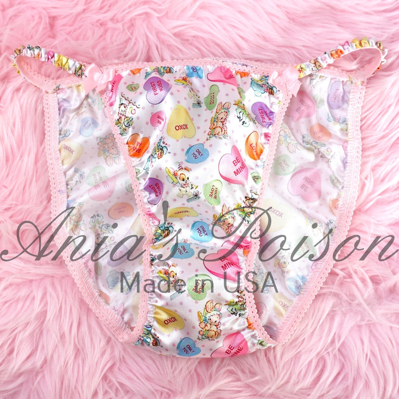 Valentine’s Satin panties Conversation Hearts DUCHESS CUT women’s string bikini