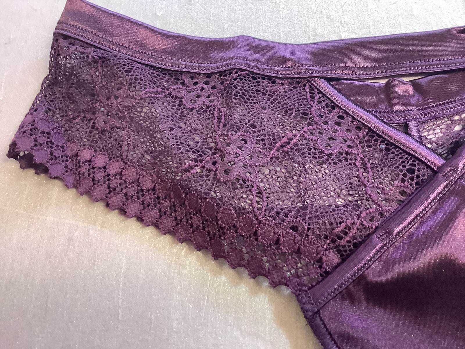 Women Panties Bikinis ILUSION Size S. Purple Satin & fishnet Floral Soft Mexico
