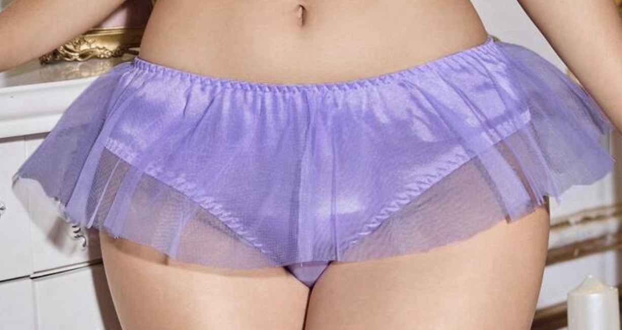 Sheer Chiffon Skirted Purple Satin Panties w Big Pink Satin Bow On Back XL NEW!