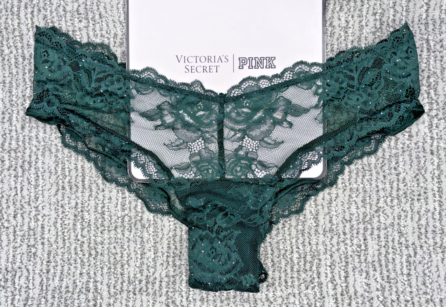 Victorias Secret VerySexy NWT Medium Green Sequin Lace Floral Cheeky Panty Sheer