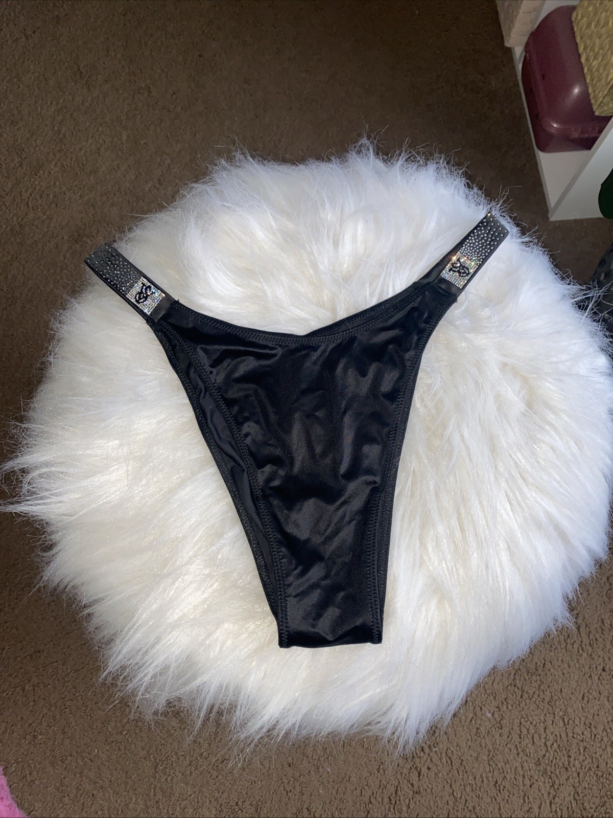 VS shine rhinestone Logo strap Brazilian panty new size large Black