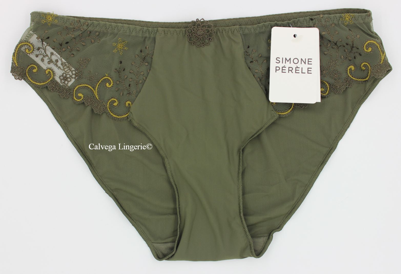 NWT SIMONE PERELE 12X720 “Delice” Lace Bikini Panty, Dark Green, France
