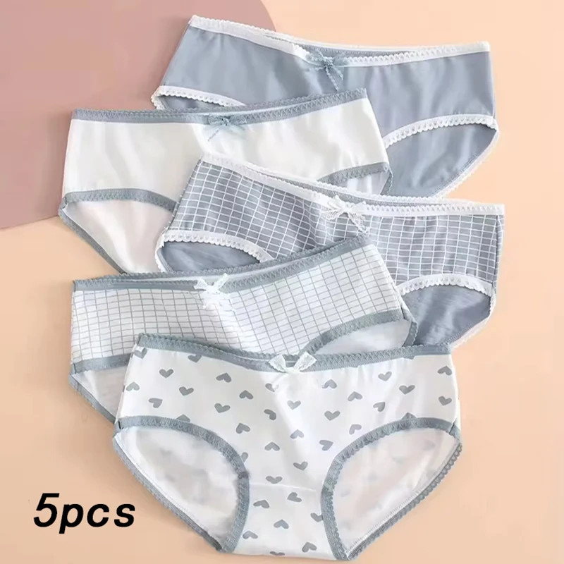 Cotton Brief Panties Heart Print Womens Soft Breathable Underwear 5 Pcs