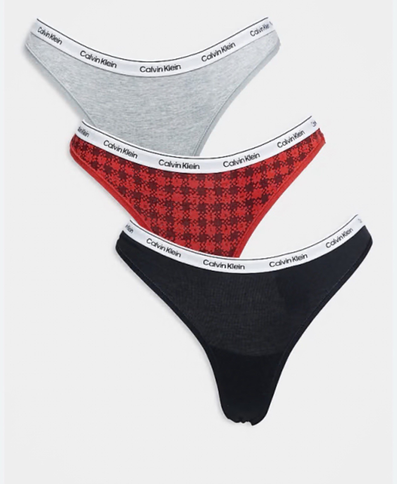 Calvin Klein Icon Logo 3-pack thongs in black/gray/red tartan Large
