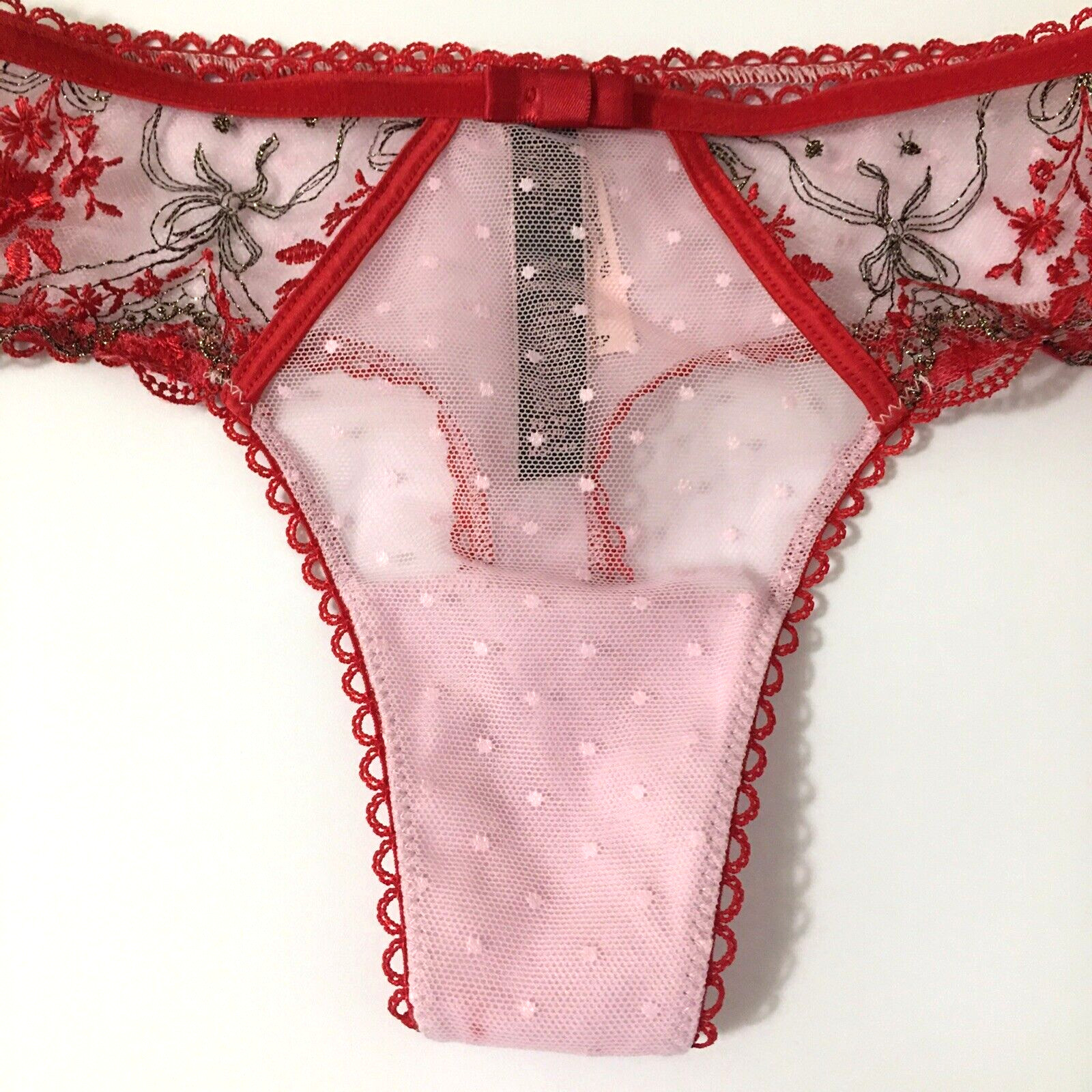 Victoria’s Secret Very Sexy Red Polka Dot Mesh Metallic Thong Panties Size XS