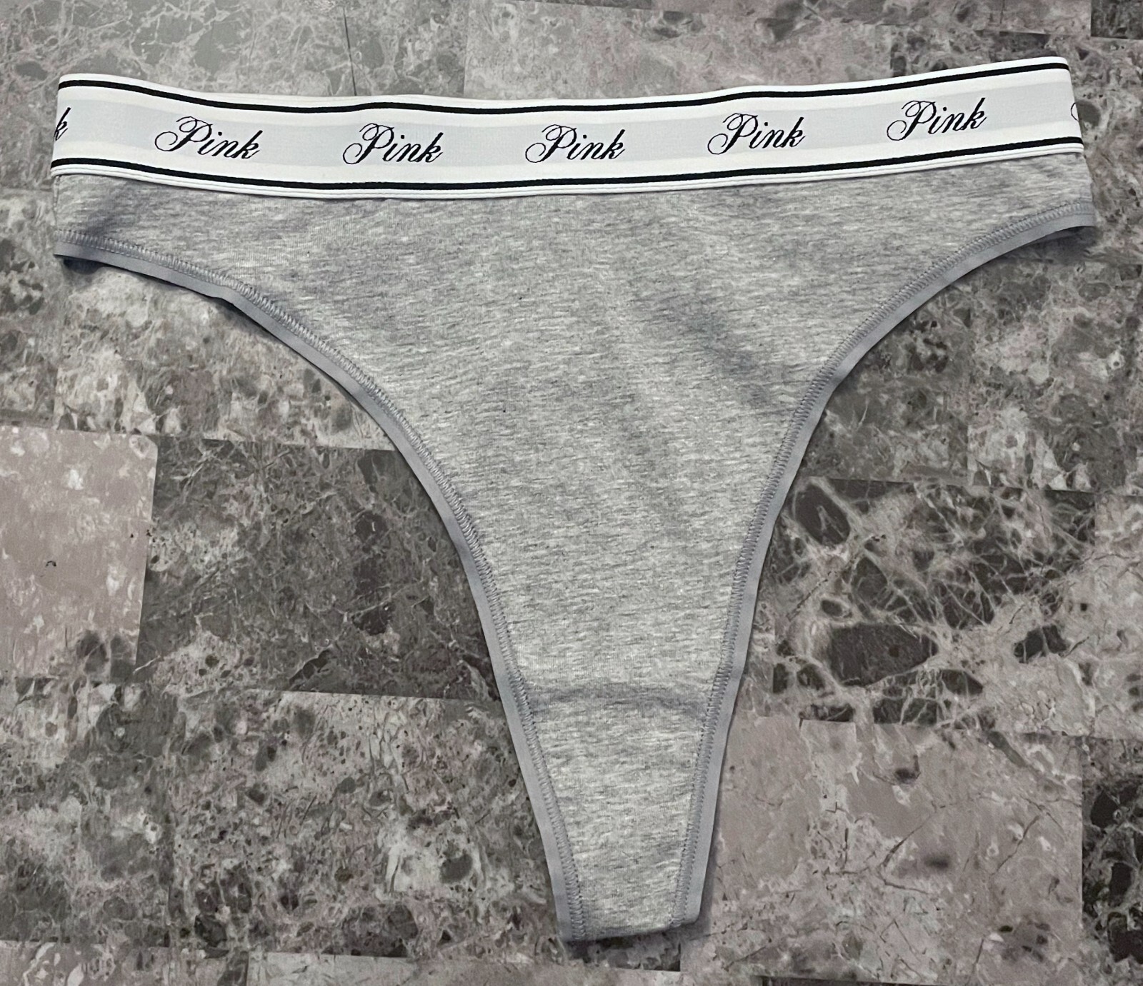 NWT VICTORIA’S SECRET PINK GRAY THICK LOGO BAND HI CUT HIGH WAIST THONG PANTIES
