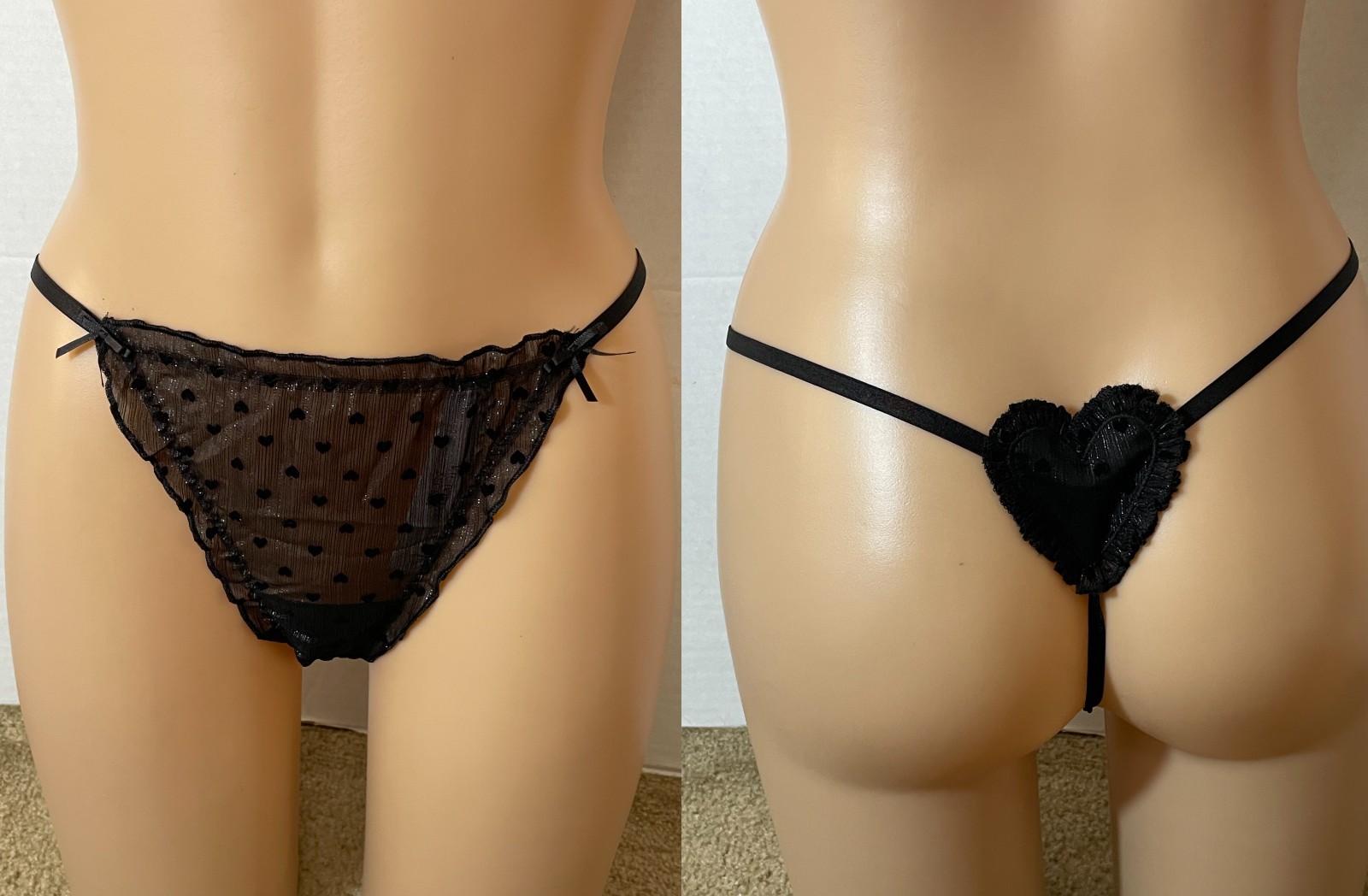 L VICTORIA’S Secret HEART CHIFFON STRAP V-STRING Thong Panty Flocked Ruffle Bows