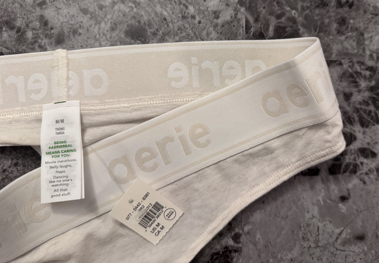 NWT AERIE AMERICAN EAGLE MEDIUM BEIGE NUDE LOGO THICK WAISTBAND THONG PANTIES