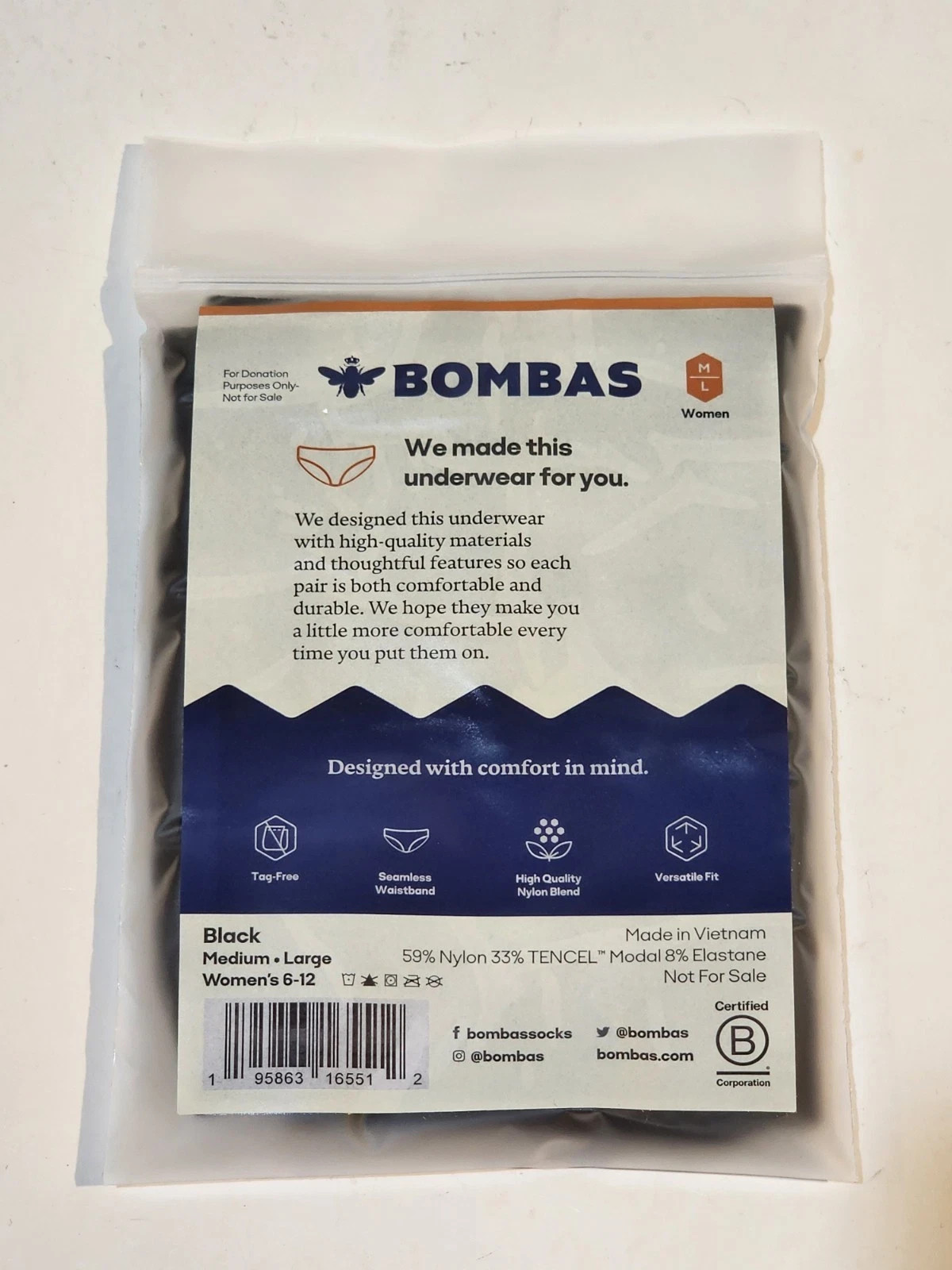 Bombas Women’s Black Seamless Hipster Underwear Size XS/S, M/L and XL/XXL