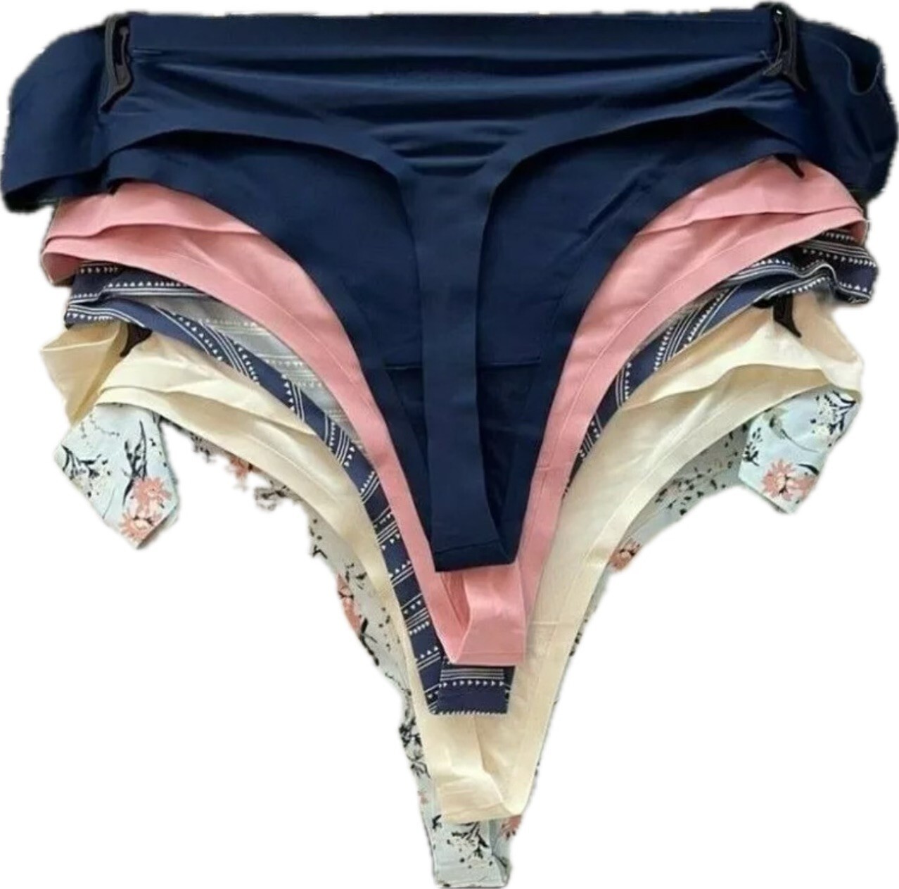 Lucky Brand L Navy-Pink-Cream Array Bonded Seams Ultralight Thong Panties-5 Pk