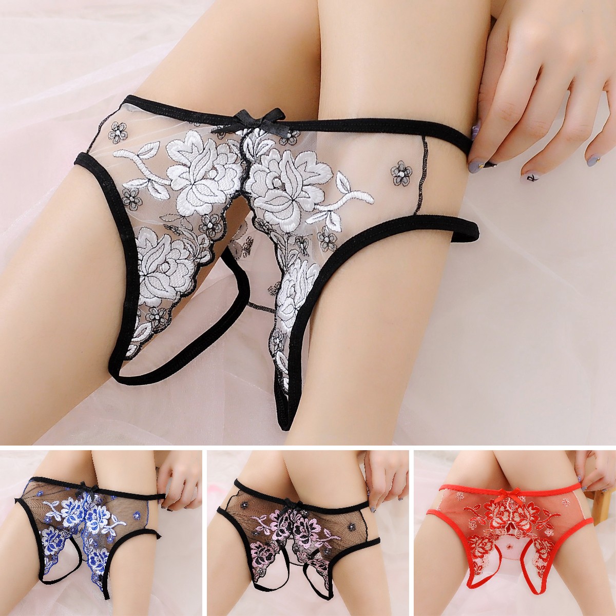 Women’s Lace Panties Crotchless Underwear Thongs Lingerie G-string Floral Briefs