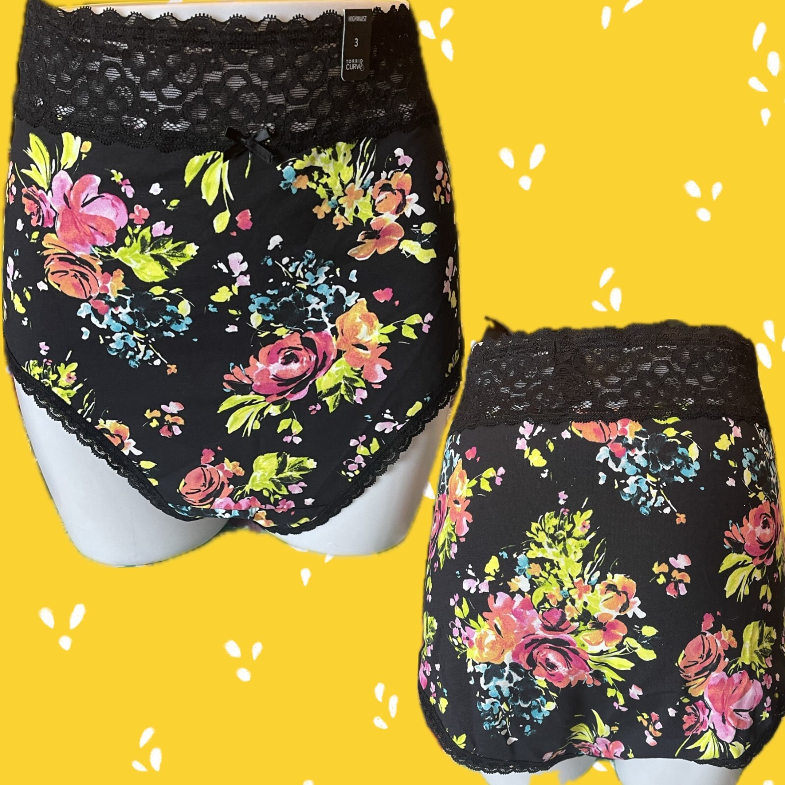 Torrid +3 Black Floral Wide Lace Scallop Waistband/Trim High Waisted Panties