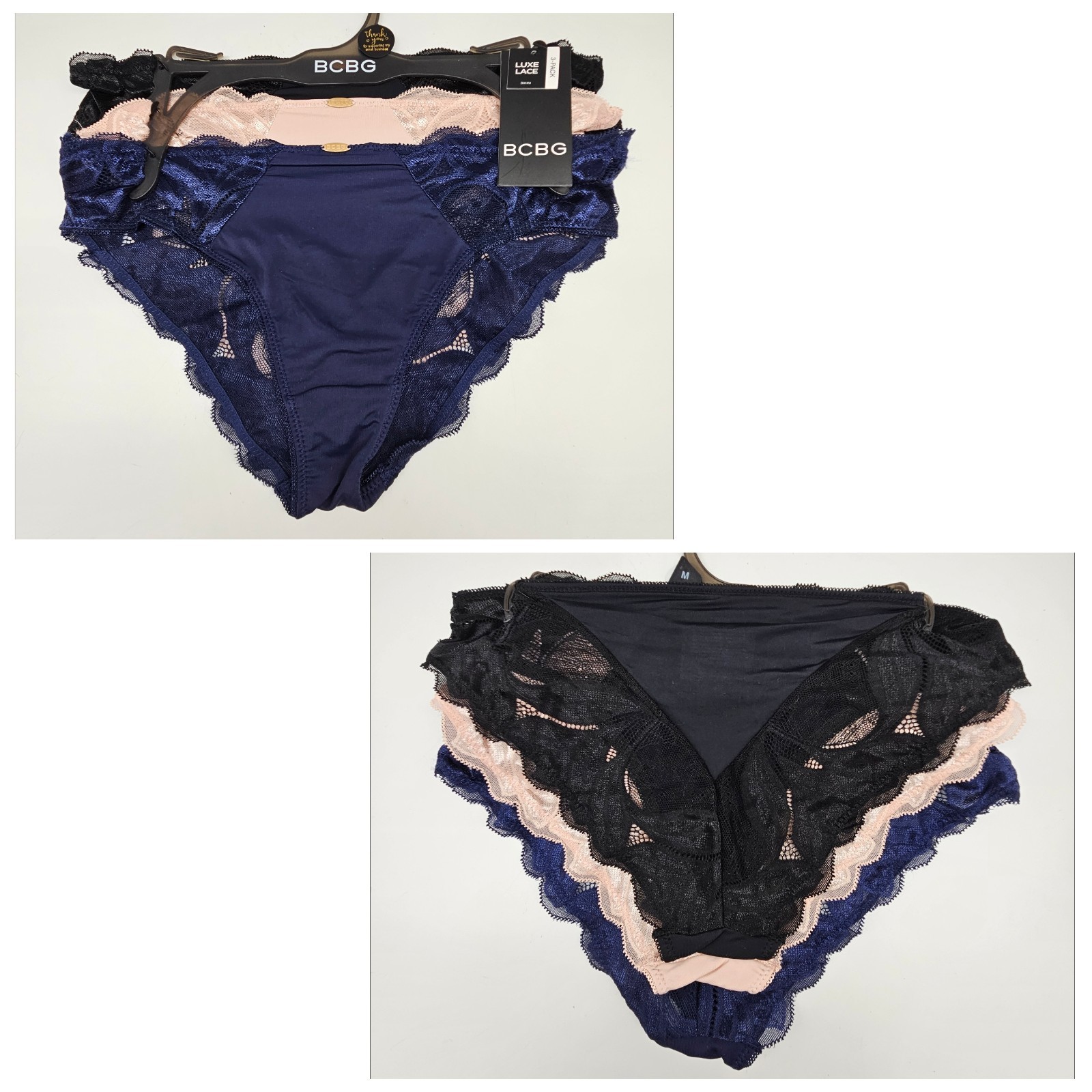 BCBG 3 Pack Women’s M L XL Luxe Lace Bikini Nylon Panties Black Beige Navy Blue