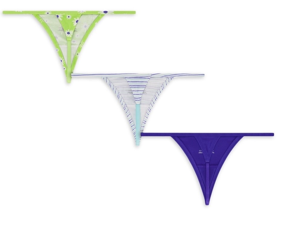 Juniors Sz XXL (19) G String Panties 3Pk Cotton Daisies Stripes Blues Greens