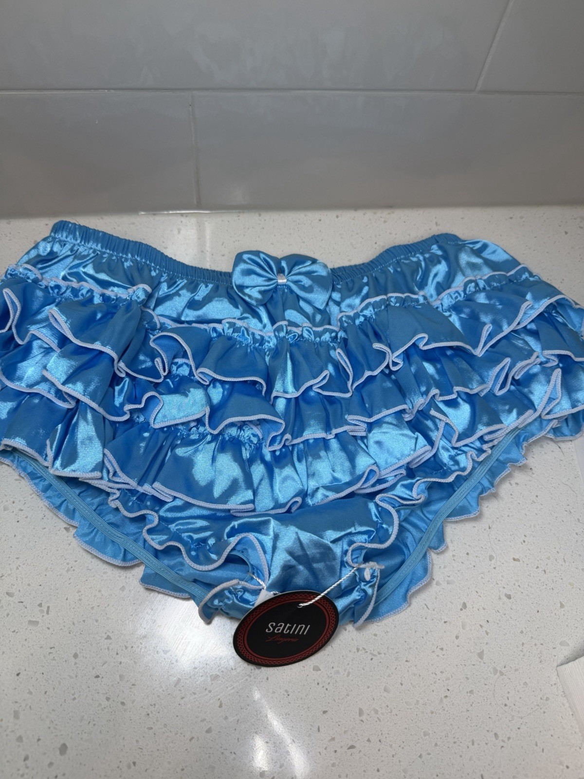 Satini Frilly Sissy Ruffled French Knickers Lingerie Satin Teal Panties Medium
