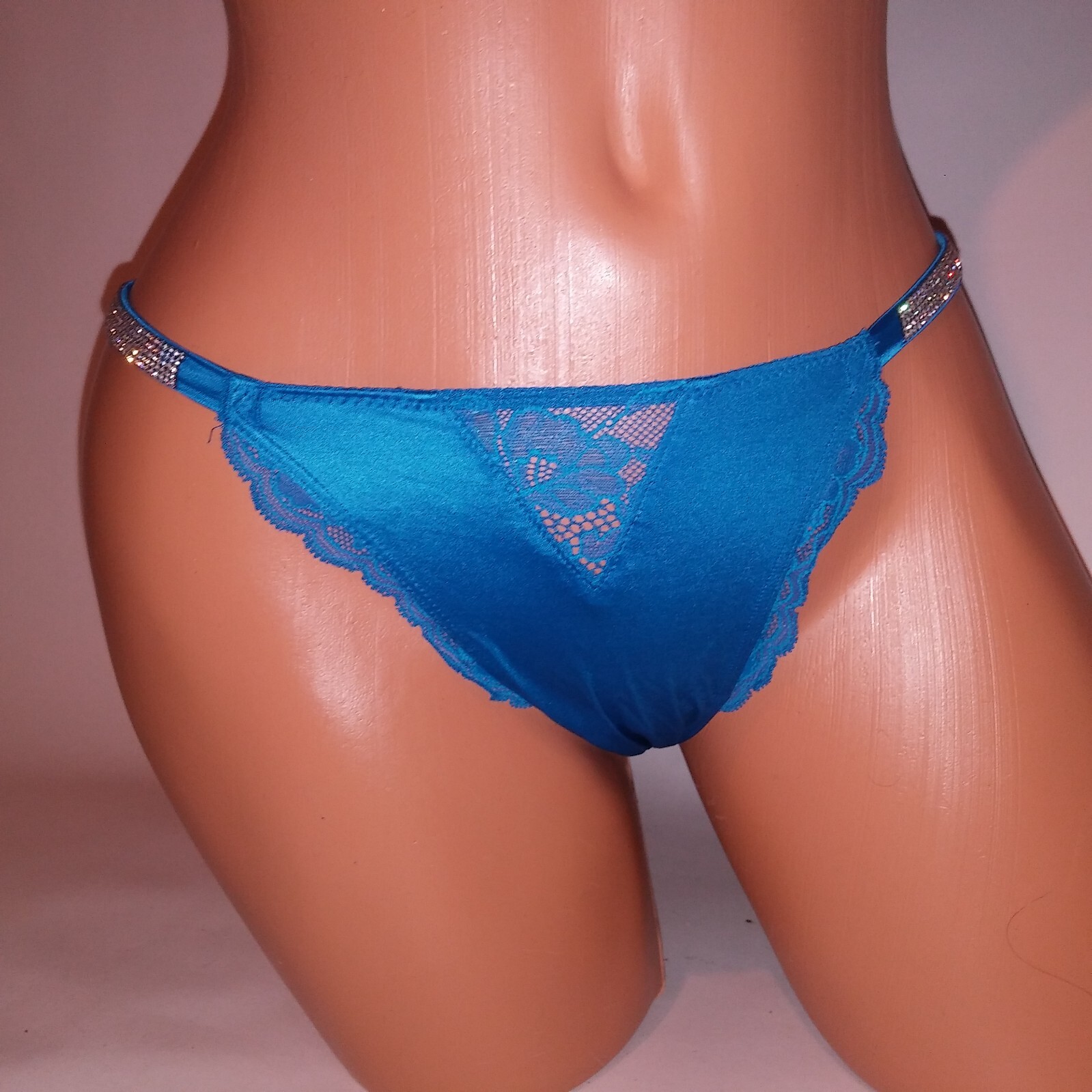 Victoria Secret Panty Cheeky Satin & Lace Shine Strap Royal Blue Bling Very Sexy