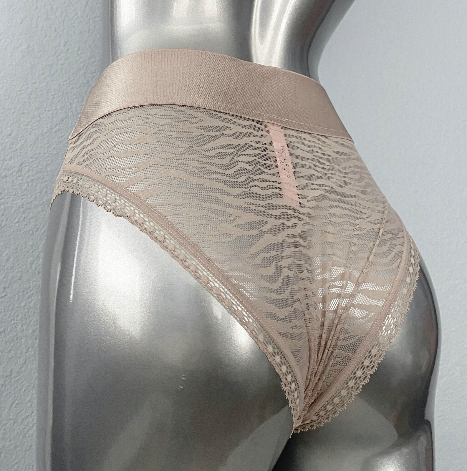 Victoria’s Secret Cheeky Panty Champagne Zebra Sheer Lace High Leg S M