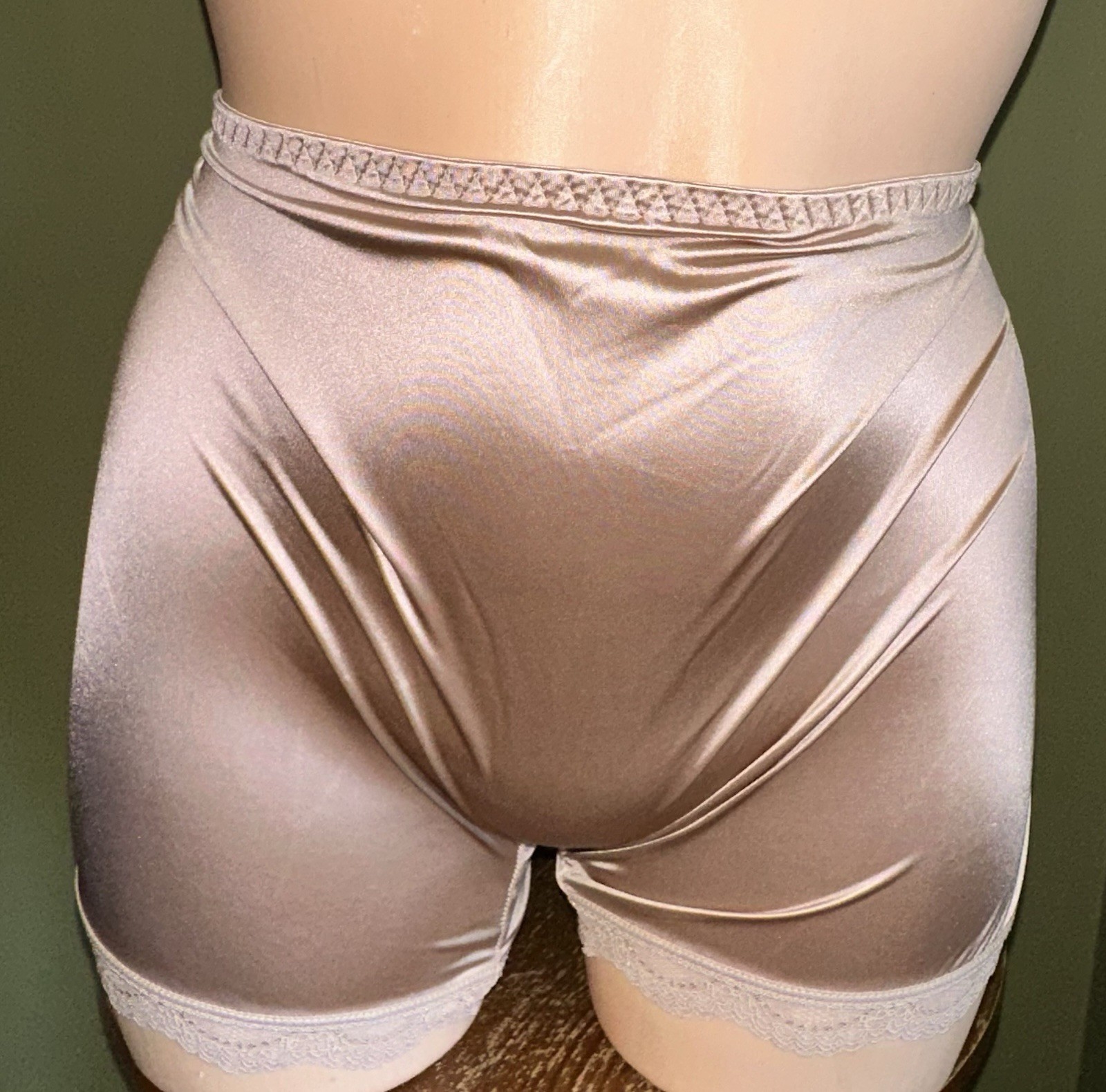 Glossy Slippery Taupe 2nd Skin Butter Satin Long Leg Brief Pantie L NEW Oily