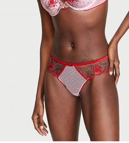 Victoria’s Secret Very Sexy Red Polka Dot Mesh Metallic Thong Panties Size XS