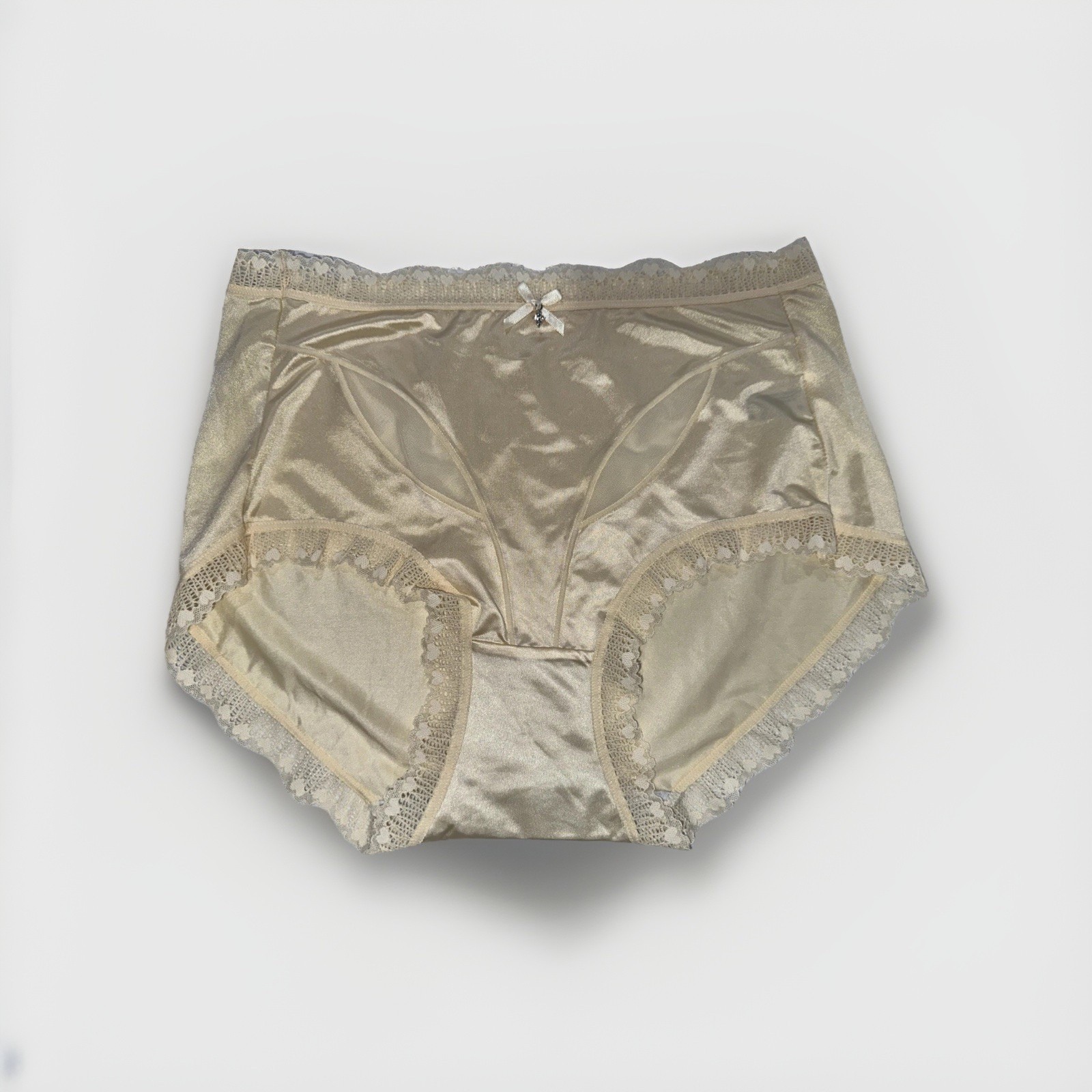 ~Shiny Large Ivory With Gem Nylon Lace Blended Panties W/Bow Heart In Lace