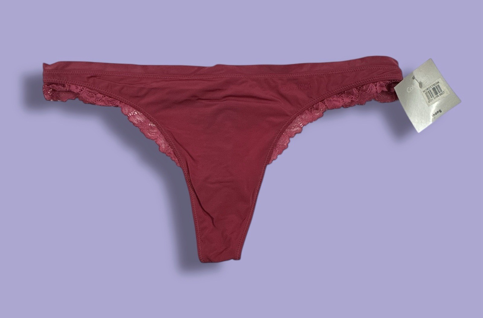 NWT CALVIN KLEIN NYLON THONG Pink PANTy W/ LACE TRIM SIZE MED