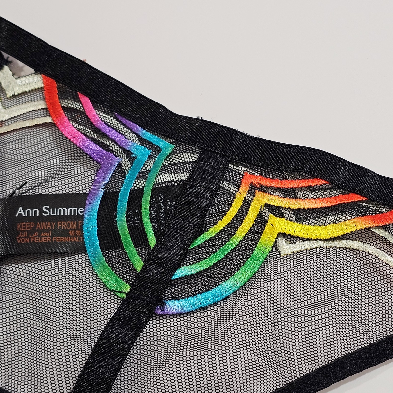 Ann Summers Black Sheer String Thong with Rainbow Embroidery, Size 6