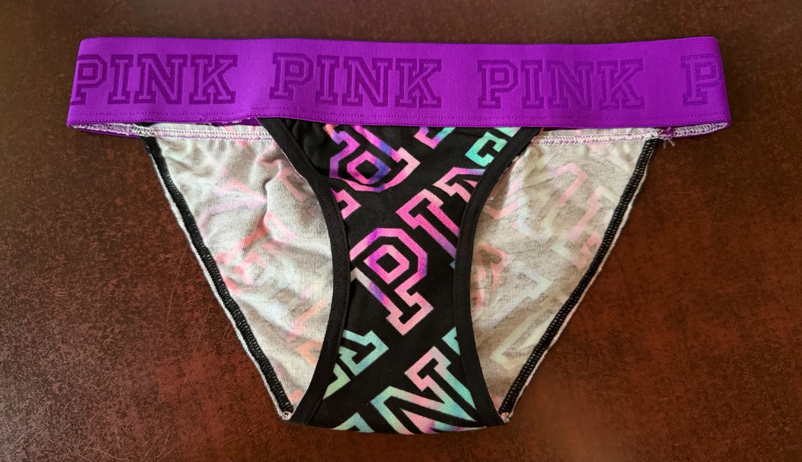 Victoria Secret PINK Logo Band Bikini Panties M Rainbow Tie Dye Black Neon XS S