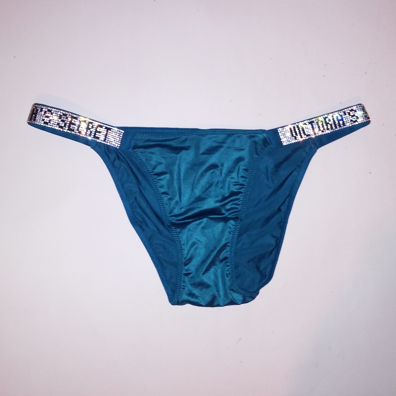 Victoria Secret Panty Bikini Small Shine Strap Blue Solid Rhinestone Bling Logo