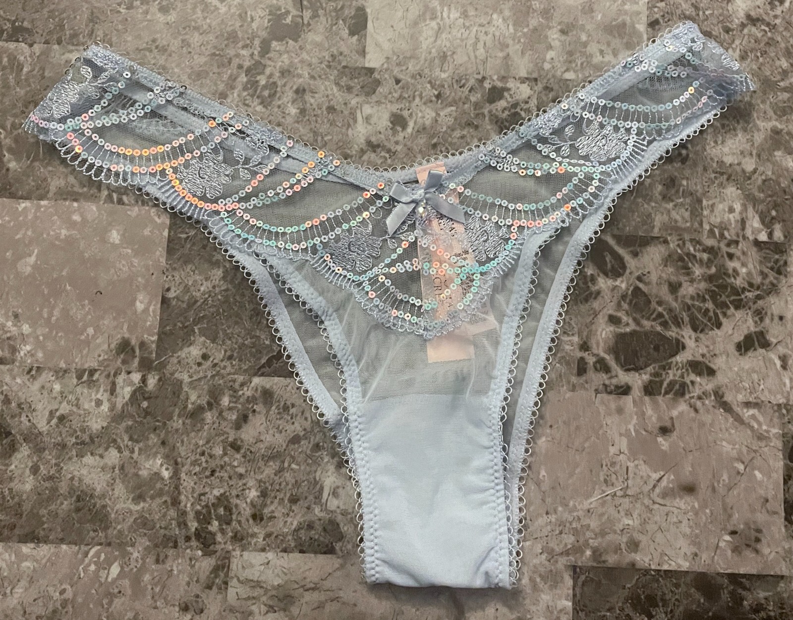 NWT VICTORIA’S SECRET BLUE MESH IRIDESCENT SEQUIN PICOT BRAZILIAN CHEEKY PANTIES