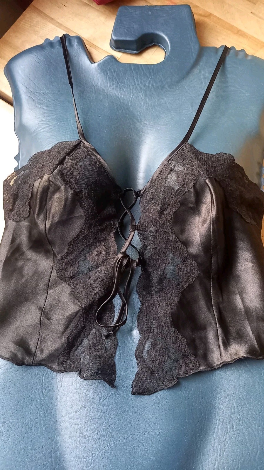 Black Satin Silk Like Camisole Front Tie Thin Straps Lingerie Cami size14-16 NEW
